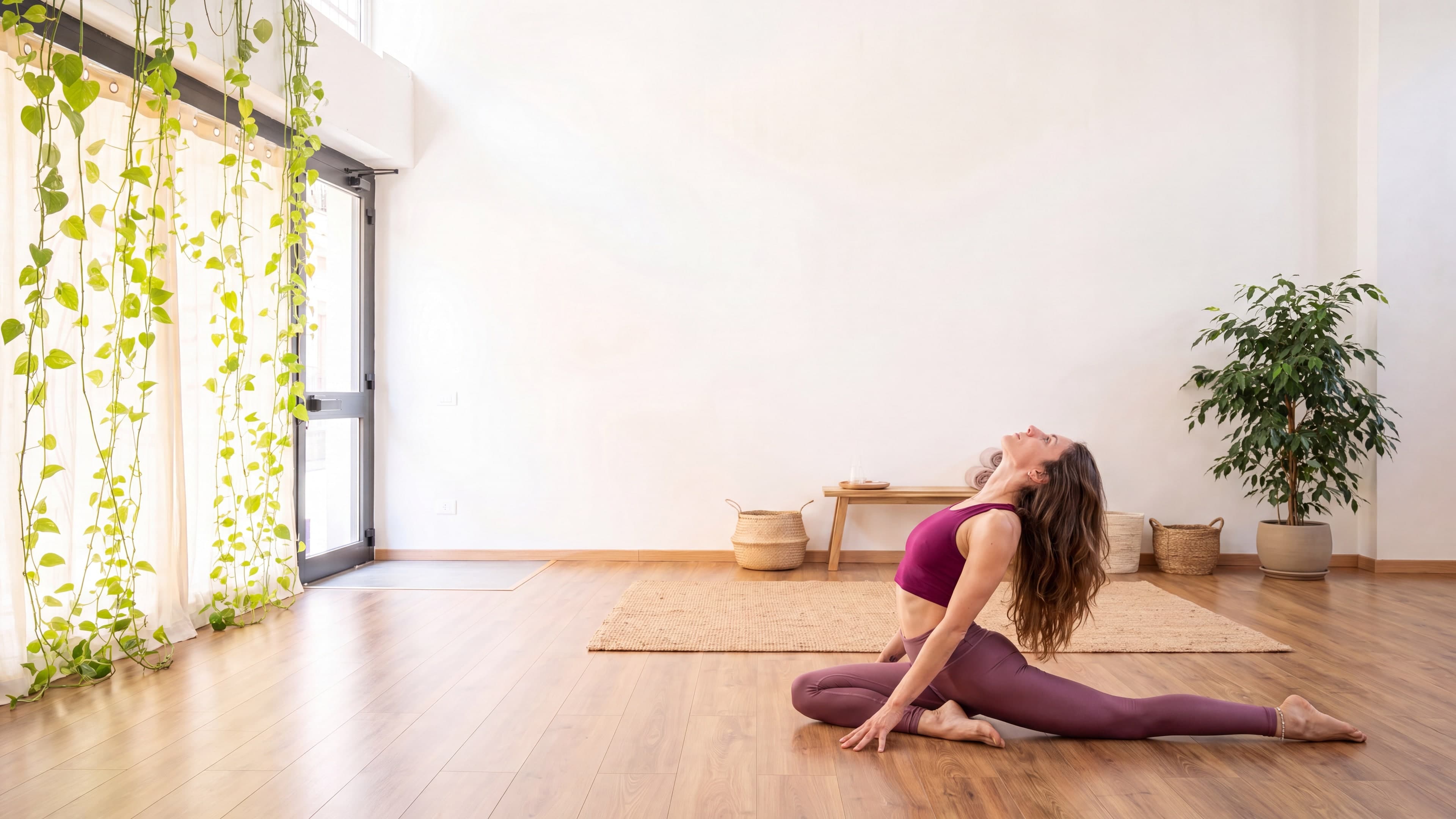 Laura Furlai in un elegante backbend nella shala luminosa di Sama Yoga, tra luce naturale, piante e pavimento in legno.