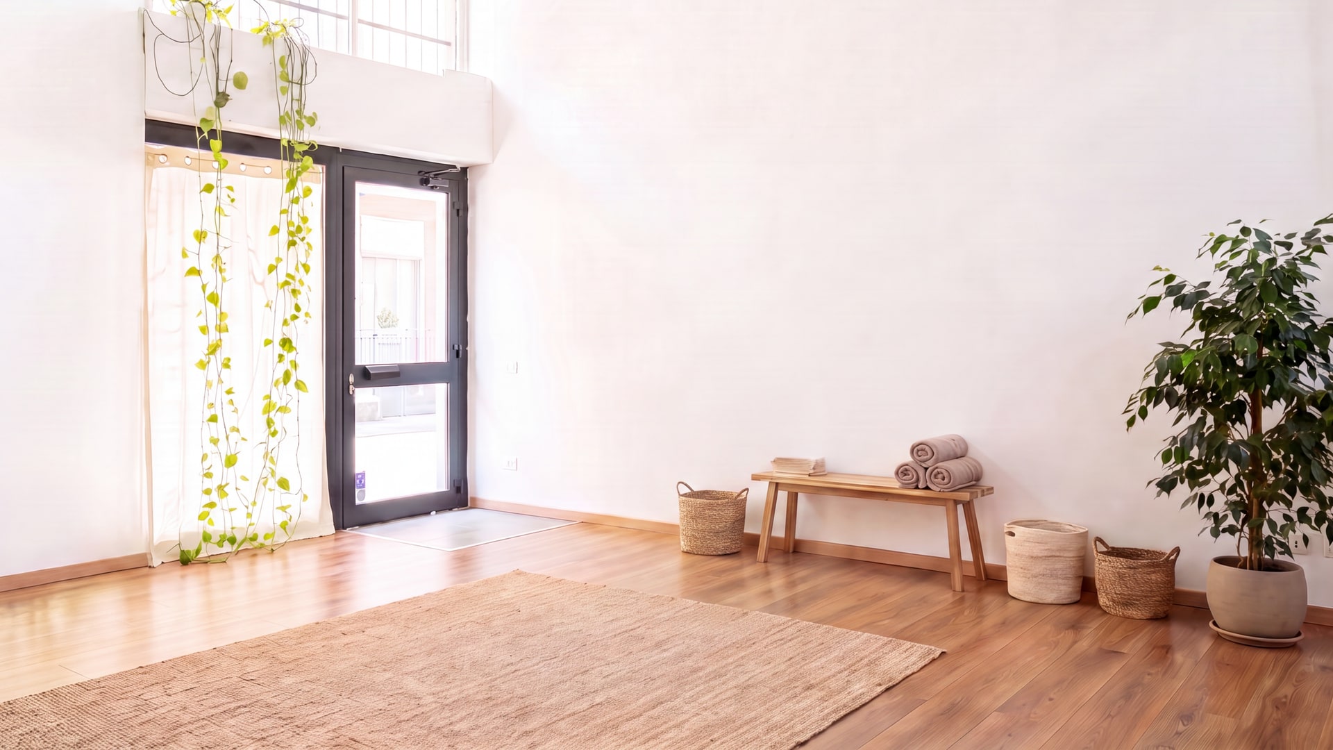 La shala vuota e luminosa di Sama Yoga: vetrata con edera, pavimento in legno, tappeto in juta e luce naturale.